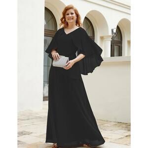 NEW Babaroni Black Dress Flutter Sleeves Womens Plus Size 32/34 Wedding Formal